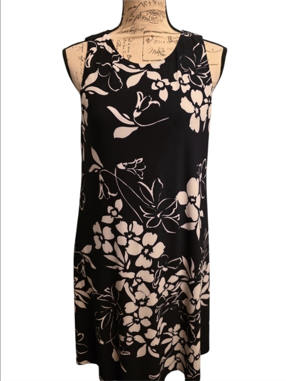 Anne Klein Black and White Floral Midi Dress Women's 8 Euc